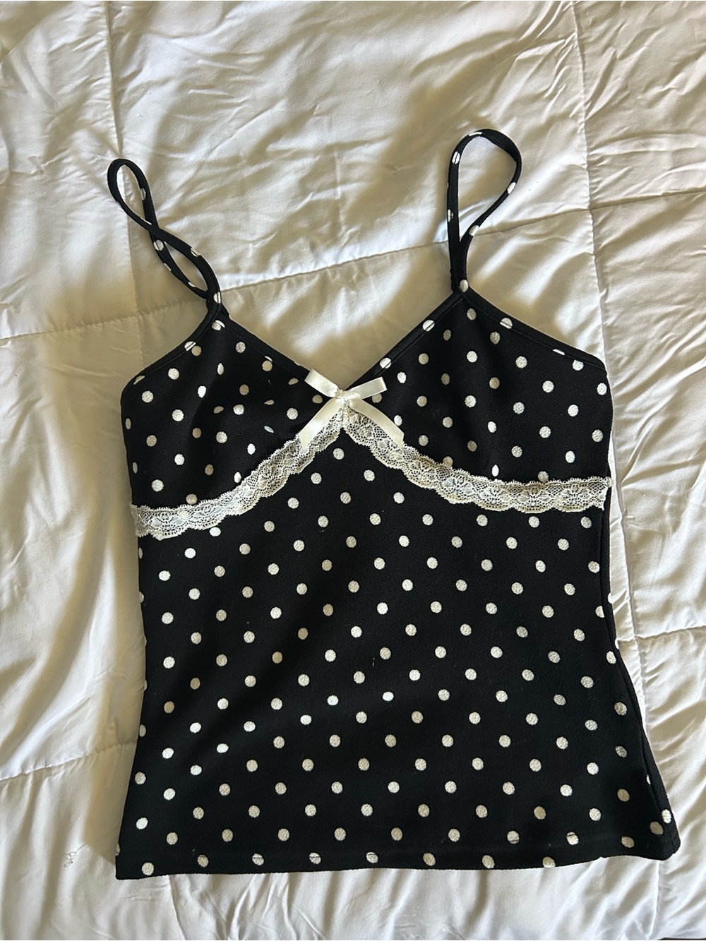 SHEIN Black Polka Dot Cami with White Lace Trim